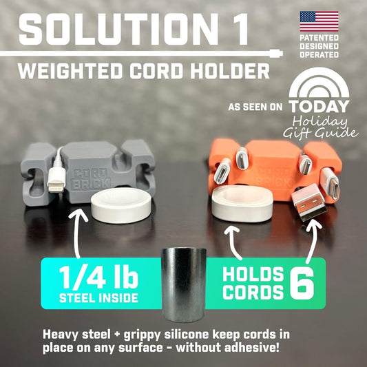 CordBrick Weighted Cable Holder 4-Pack for Desk & Nightstand – Silicone Cord Organizer for Phone Chargers, USB Cables & Earbuds – Portable Cord Management Solution