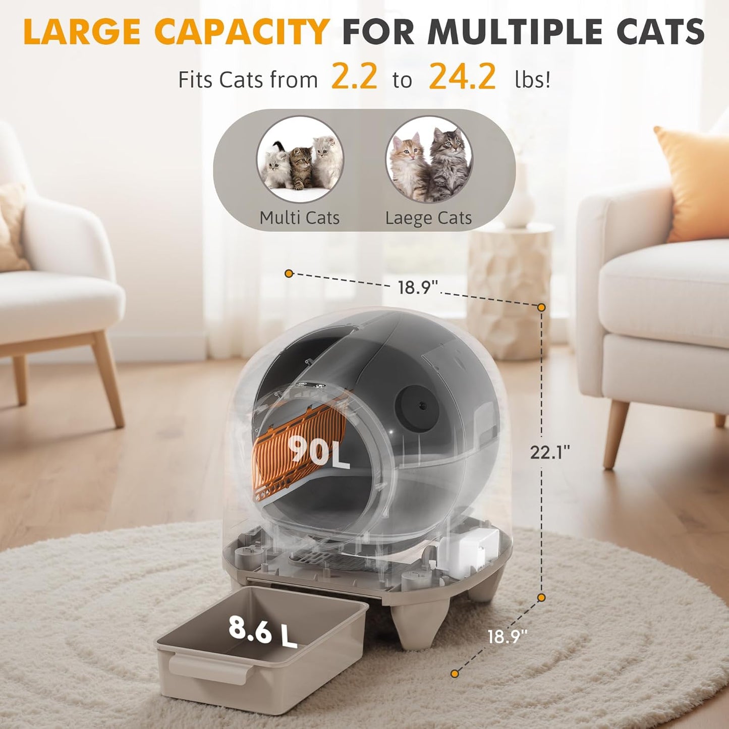 GUNJI Self Cleaning Litter Box, 90L Automatic Cat Litter Box for Multiple Cats, App Control-No Scoop, Large Kitty Box with Safety Protection, Includes Mat, 1 Garbage Bags (Gray)