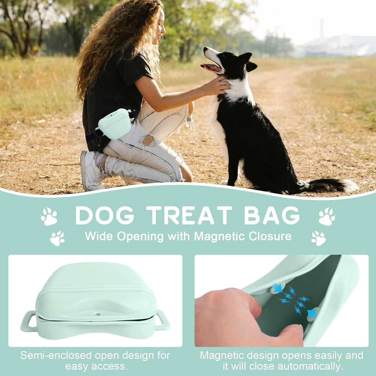 Dog Treat Pouch for Training, Silicone Magnetic Closure Dog Treat Bag Portable Treat Pouch with Belt, Waterproof Small Treat Bag for Dog Training, Dog Walking (Cyan)