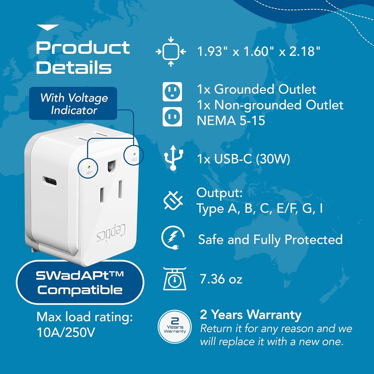 Ceptics Universal Travel Adapter kit, Dual USB (QC 3.0) + 2 US outlets + USB-C Cable, Use with Chargers, Cell Phones, Laptops, 6 Plug attachments for Worldwide use (Does Not Convert Voltage) (WPS-2B)