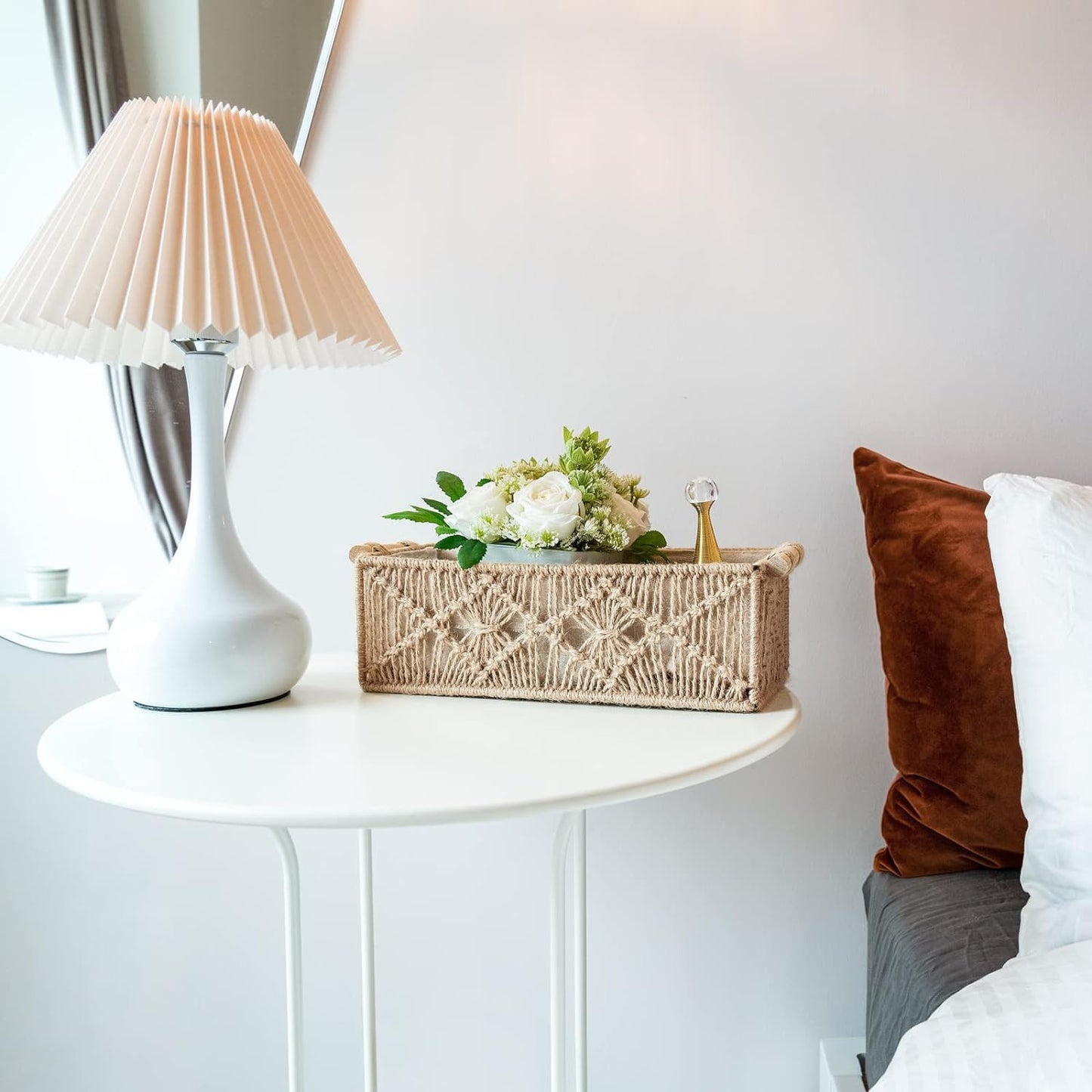 Mkono Macrame Storage Baskets Boho Decor Box Handmade Woven Decorative Countertop Toilet Tank Shelf Cabinet Organizer for Bedroom Livingroom Home, Set of 2, Ivory