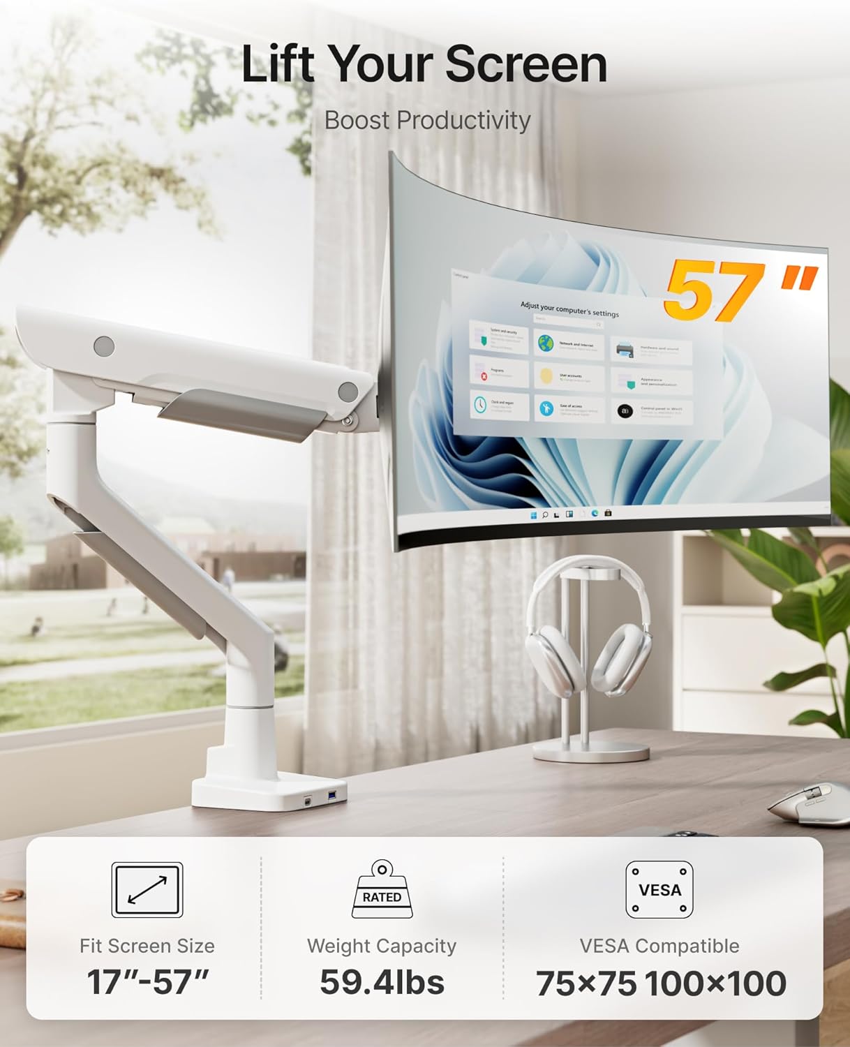 monTEK Premium Aluminum Monitor Arm for 17–57” Ultrawide Screens up to 59 lbs, USB 3.0 Single Desk Mount with Adjustable Gas Spring, Quick-Release Plate, 10-Min Assembly, Clamp/Grommet, VESA 100x100