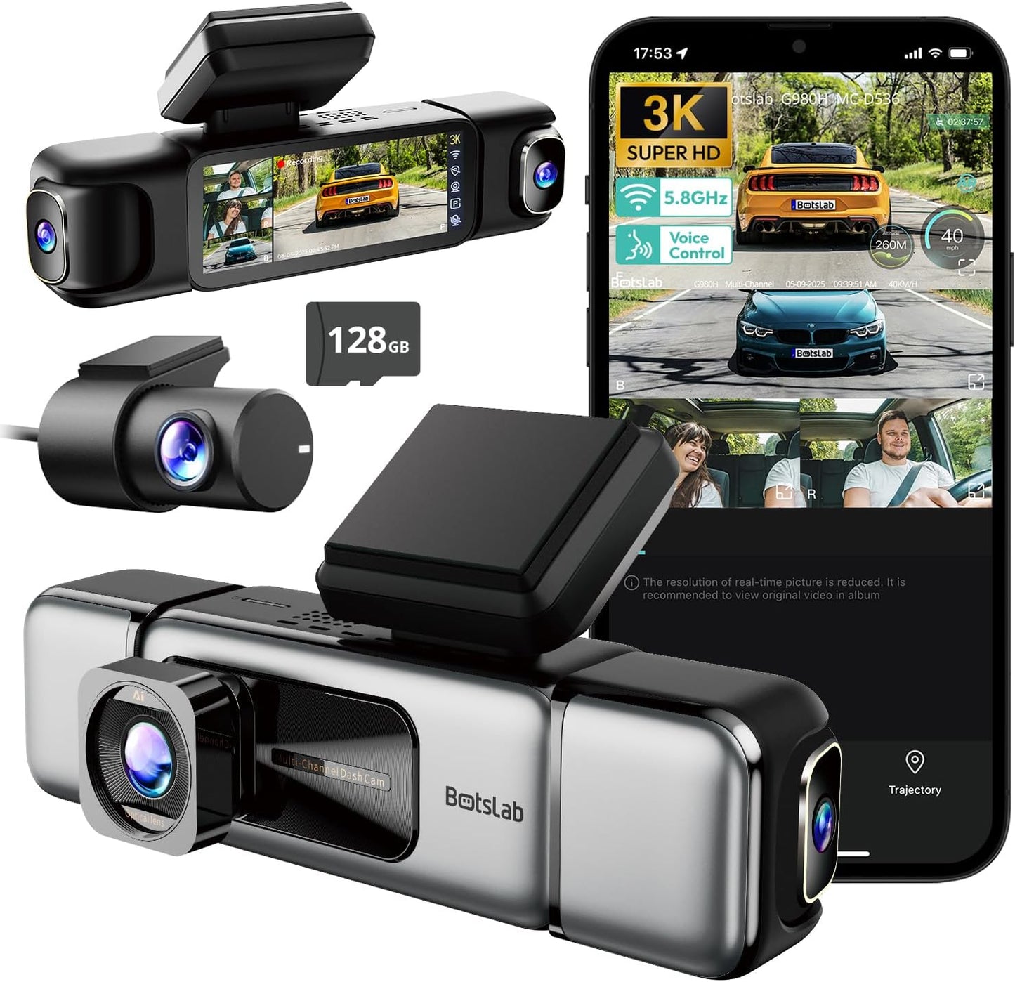 BOTSLAB 4 Channel 3K Dash Cam, 560° All-Sides View, 3.18" Touch Screen, 3K/4K Front and 1080P Rear Inside, Vocie Control, 5.8GHz WiFi Car Camera, G-Sensor, GPS, 24/7 Parking Monitor, 128GB SD Card