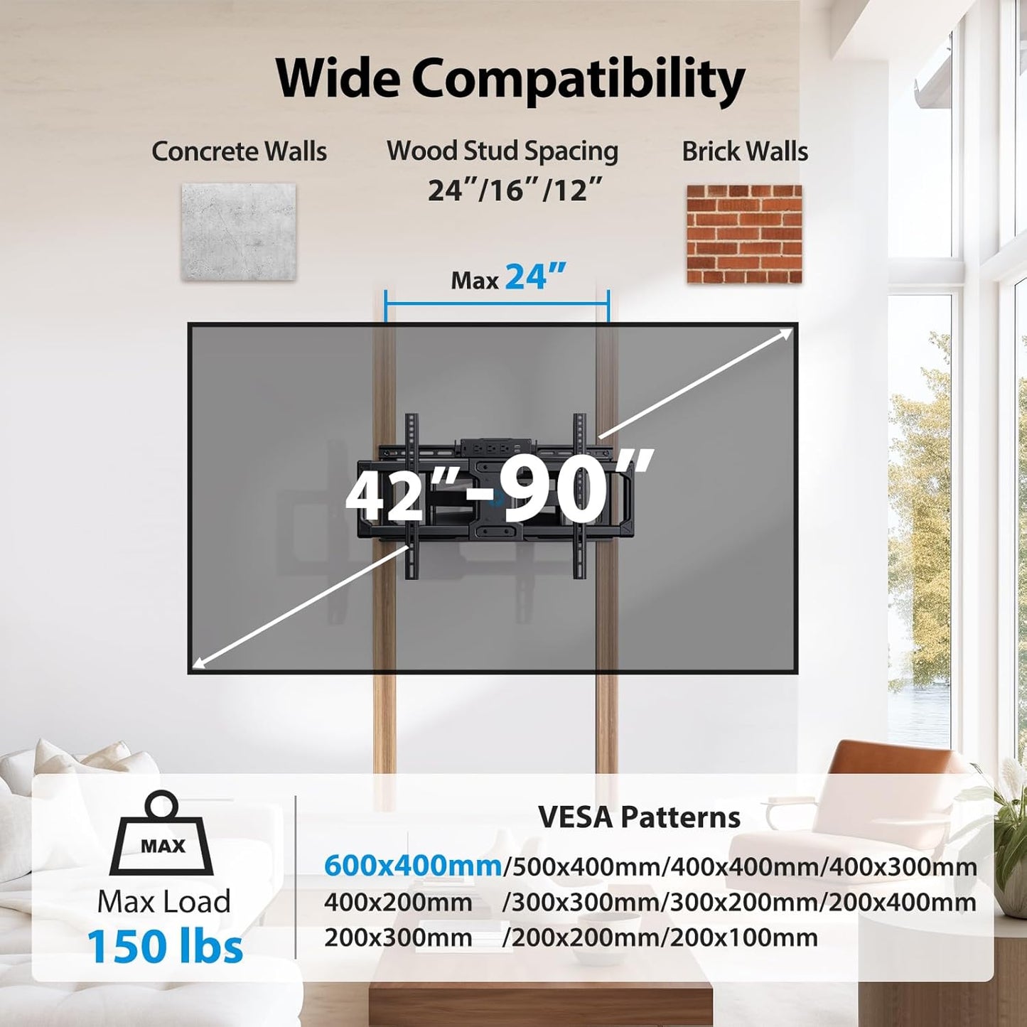 Pipishell Full Motion TV Wall Mount with Power Strip for 42–90 Inch TVs up to 150 lbs, Pre-Assembled TV Mount Has Smooth Swivel, Tilt, Extension, Max VESA 600x400mm, 12“/16”/24” Wood Studs, PILF19