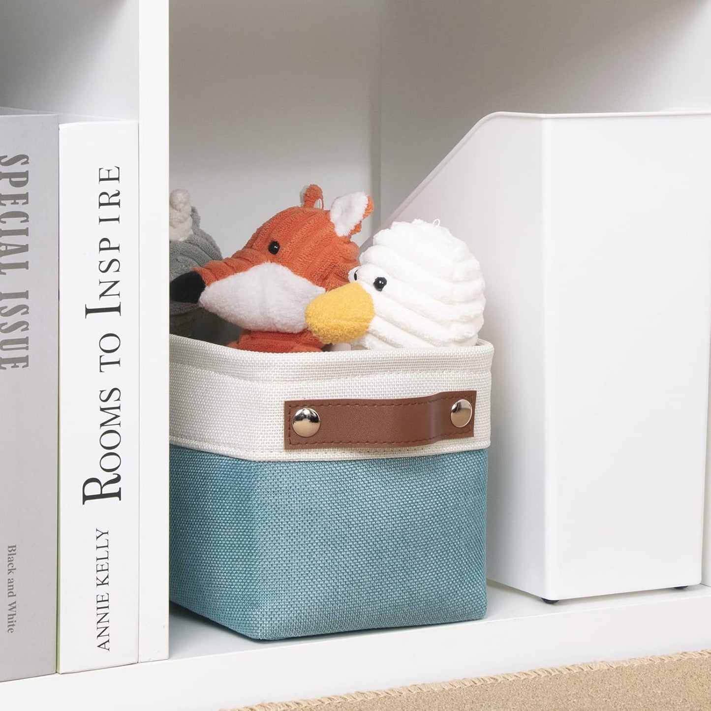 DULLEMELO Storage Baskets for Shelves, Fabric Collapsible Rectangular Storage Bins for Shelves, Closets, Nursery, Home, Office, Empty Gift Baskets (White&Teal)