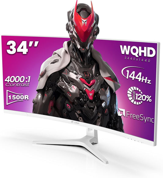 CRUA 34 Inch Curved Gaming Monitor 144HZ, White 21:9 Ultra Wide PC Monitor 1500R WQHD 3440X1440P 120% sRGB Computer Display/VA Panel/PIP& PBP/HDMI2.0 & DP1.4/Tilt Adjustment/Wall Mountable - PuriLite