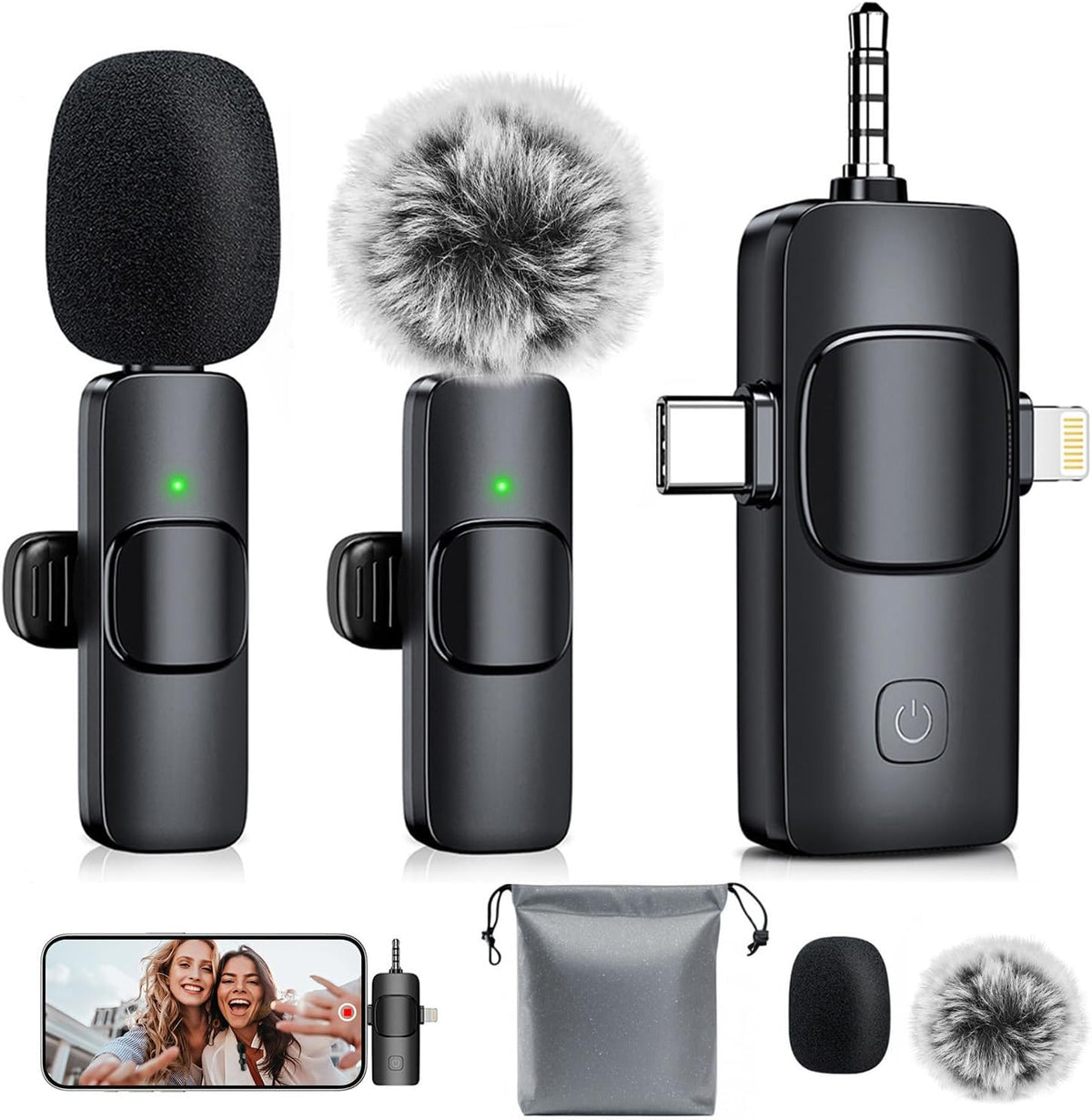 MENERESAS Wireless Lavalier Microphone for iPhone, Android & Camera – 3-in-1 Mini Clip-On Mic with Noise Reduction, Reverb Effects, Omnidirectional Hi-Fi Audio for Live Streaming, Video, Gaming - PuriLite