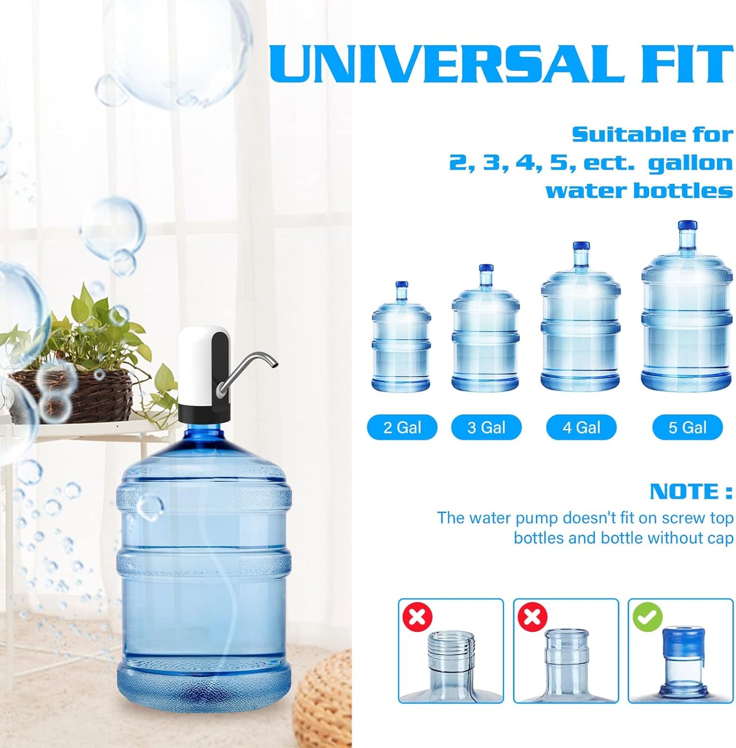 5 Gallon Water Dispenser Pump Rechargeable, Water Dispenser for 5 Gallon Bottle Bottom Loading, Portable USB Charging Automatic Drinking Mini Water Jug Dispenser