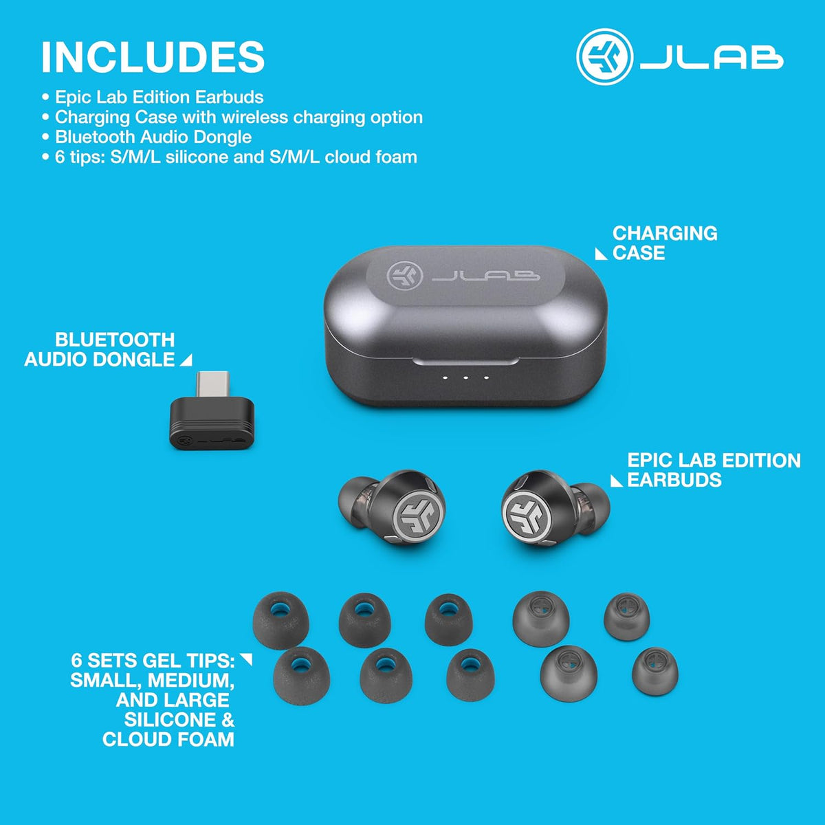 JLab, Epic Lab Edition, True Wireless Earbuds, Hybrid Dual Drivers, Spatial Audio, Black