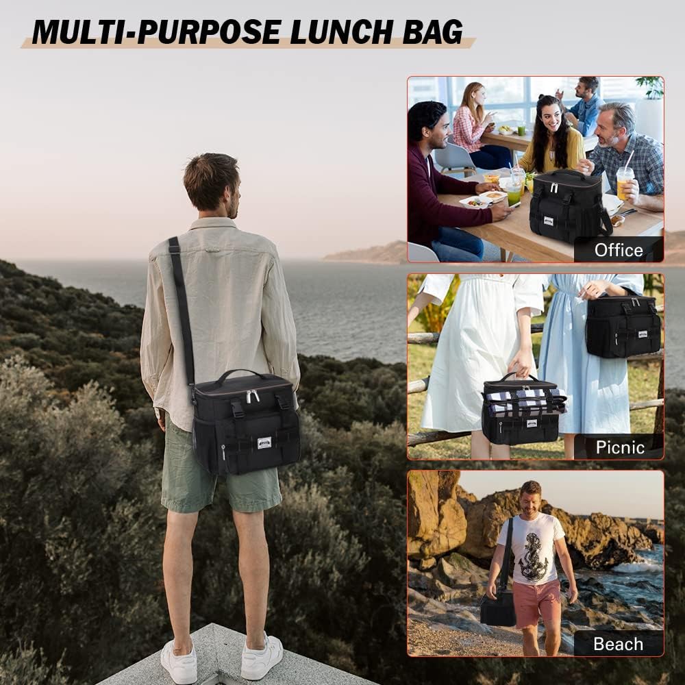 Lekebobor Tactical Lunch Bag for Men, Leakproof Large Insulated Lunch Box with Molle, Waterproof Cooler Bag for Adults Men Outdoor Picnic Travel Office, 24Can (15L), Black