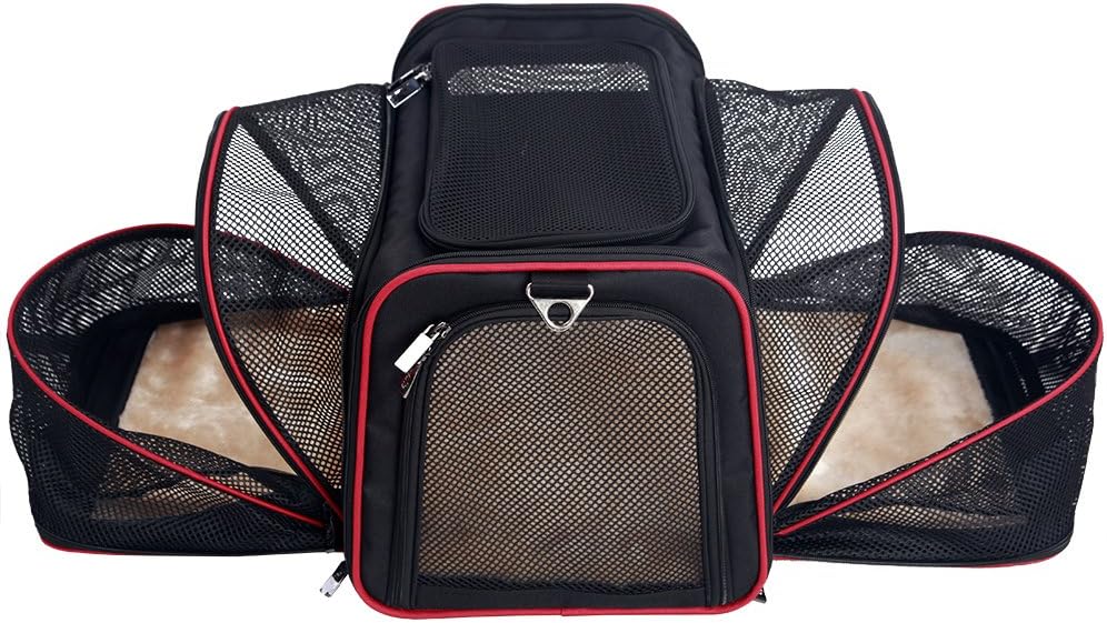 Petsfit Expandable Cat Dog Carrier Airline Approved, 17" L x 11" W x 11" H Soft-Sided Portable Pet Travel Carrier for Kitten, Puppy, Removable Soft Plush Mat and Pockets, Auto-Locking Zippers