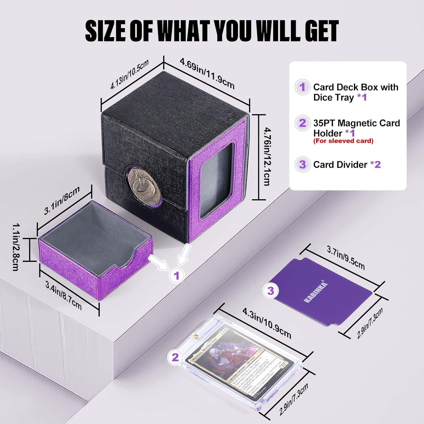 Kabinka Commander Deck Box for MTG with Metal Emblem, Card Deck Box with Dice Tray, Hold 100 Double-Sleeved Cards for TCG/PTCG, Cards Storage Case, 35PT Magnetic Card Holder (Black& Purple, Lotus)
