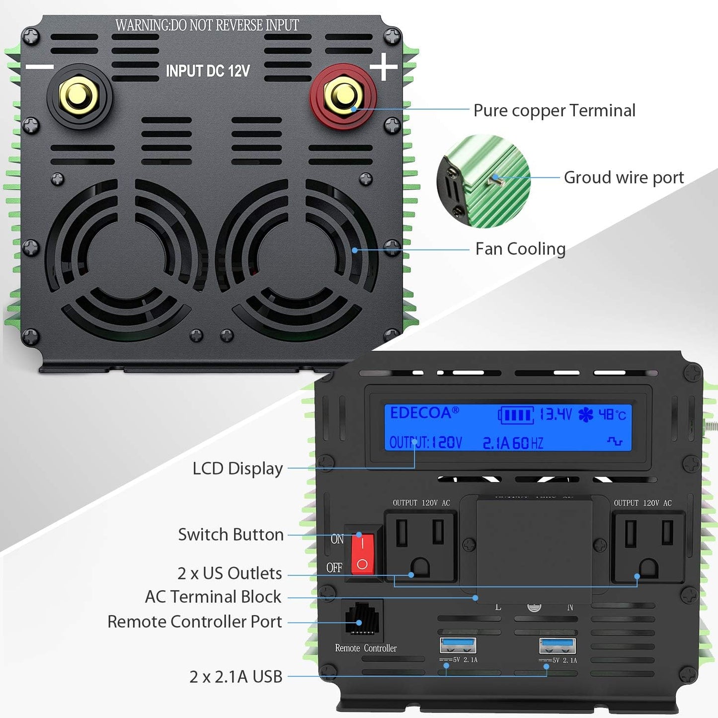 EDECOA 3000 Watt Power Inverter DC 12V to AC 110V 120V 3000W Converter for Car Truck RV with LCD and Dual USB Romte Controller (ETRC Remote)