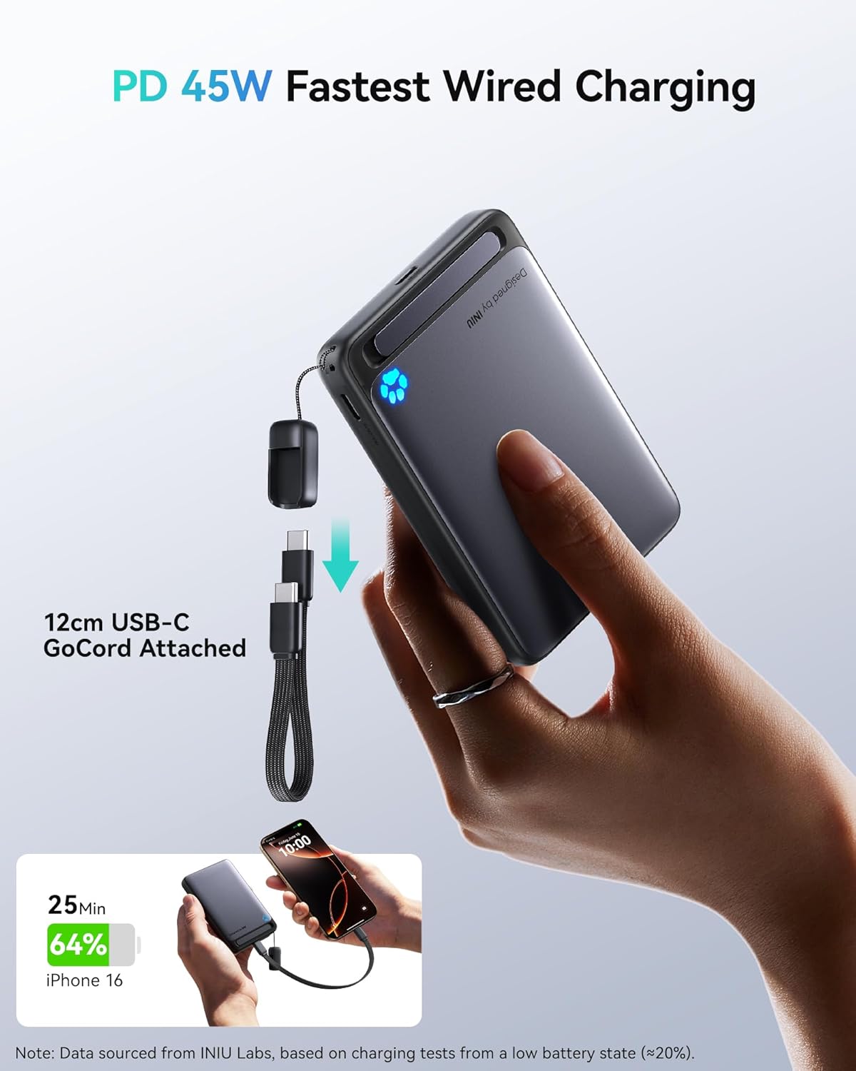INIU for Portable Charger, Ultra Slim Qi2 Certified 10000mAh 45W Magnetic Power Bank, USB C in&Out Wireless Battery Pack with Foldable Stand, Phone Charger Only for iPhone 16/15/14/13/12 Series, Blue