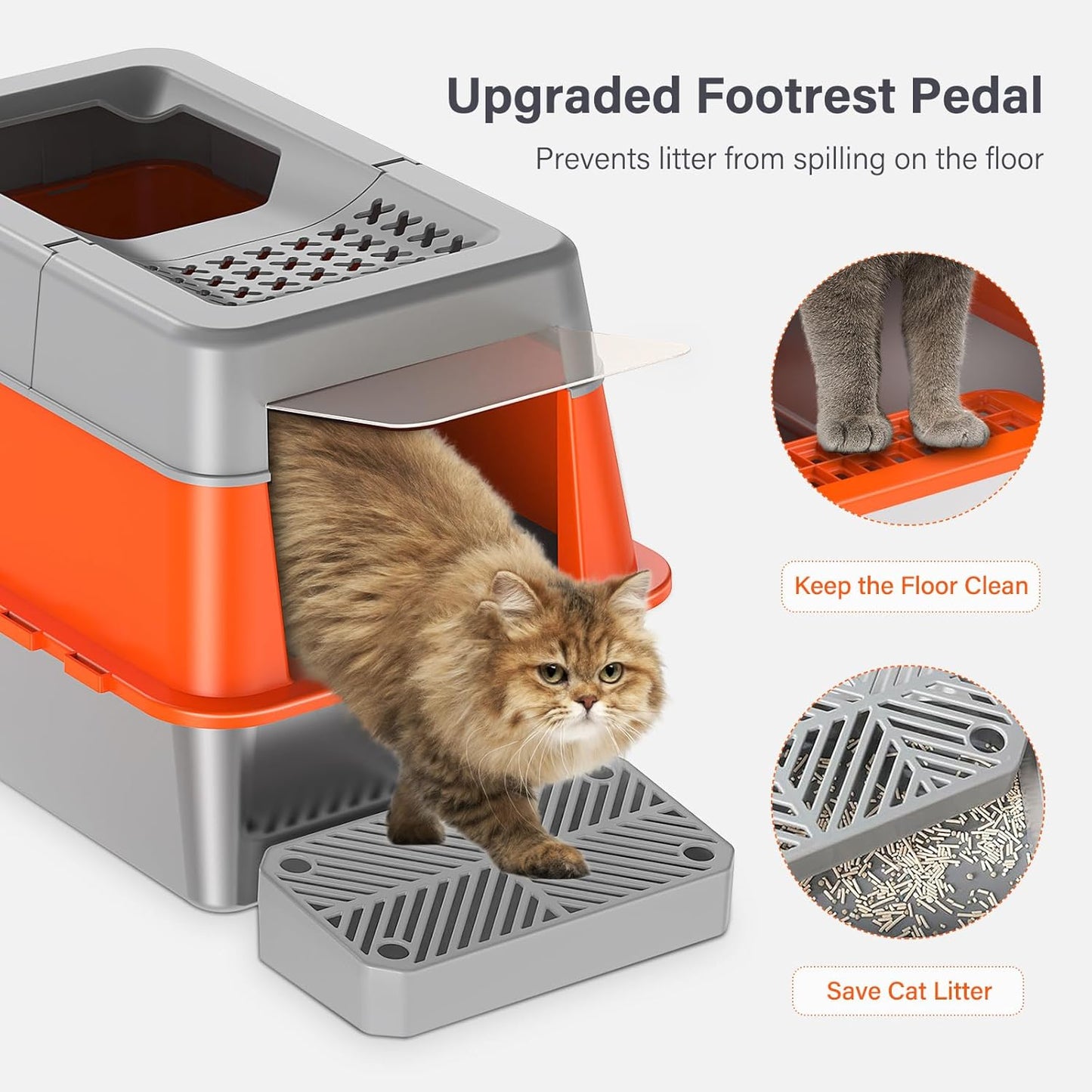 Stainless Steel Litter Box with Lid, XL Extra Large Enclosed Cat Litter Box for Big Cats 110° Flip Cover, Top Entry Metal High Sided Litter Box & Pedal & Scoop, Anti-Leakage (Grey)