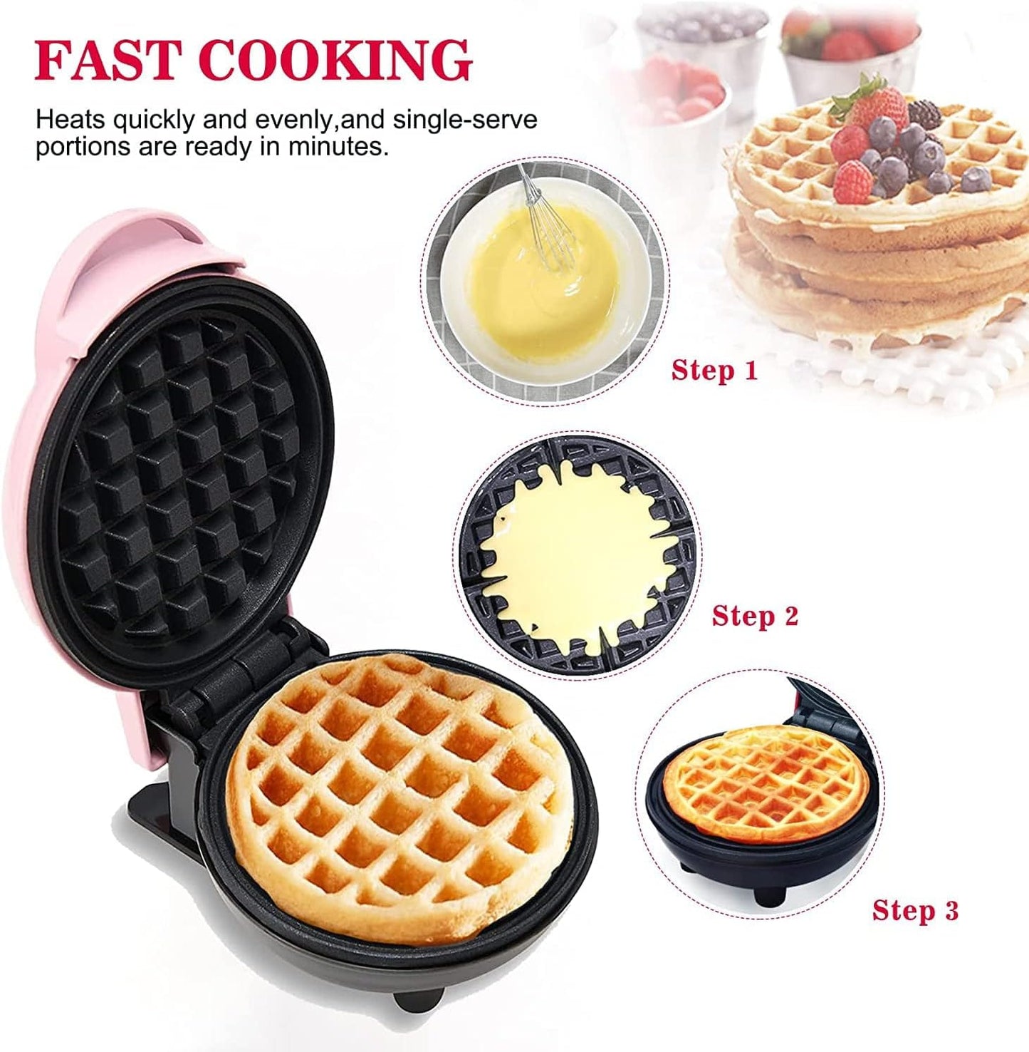 Mini Maker Waffle Maker 5“ Non-Stick Waffler Iron Stuffler Stuffed Wafflera Adjustable Browning Control, Heart, Azure