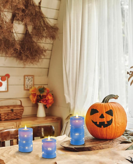 Upinmz Blue Flickering Flameless Candles with Embedded String Lights, Battery Operated Candles with Remote Control and Timer,Flameless LED Candles for Home Decoration,Real Wax, Set of 3