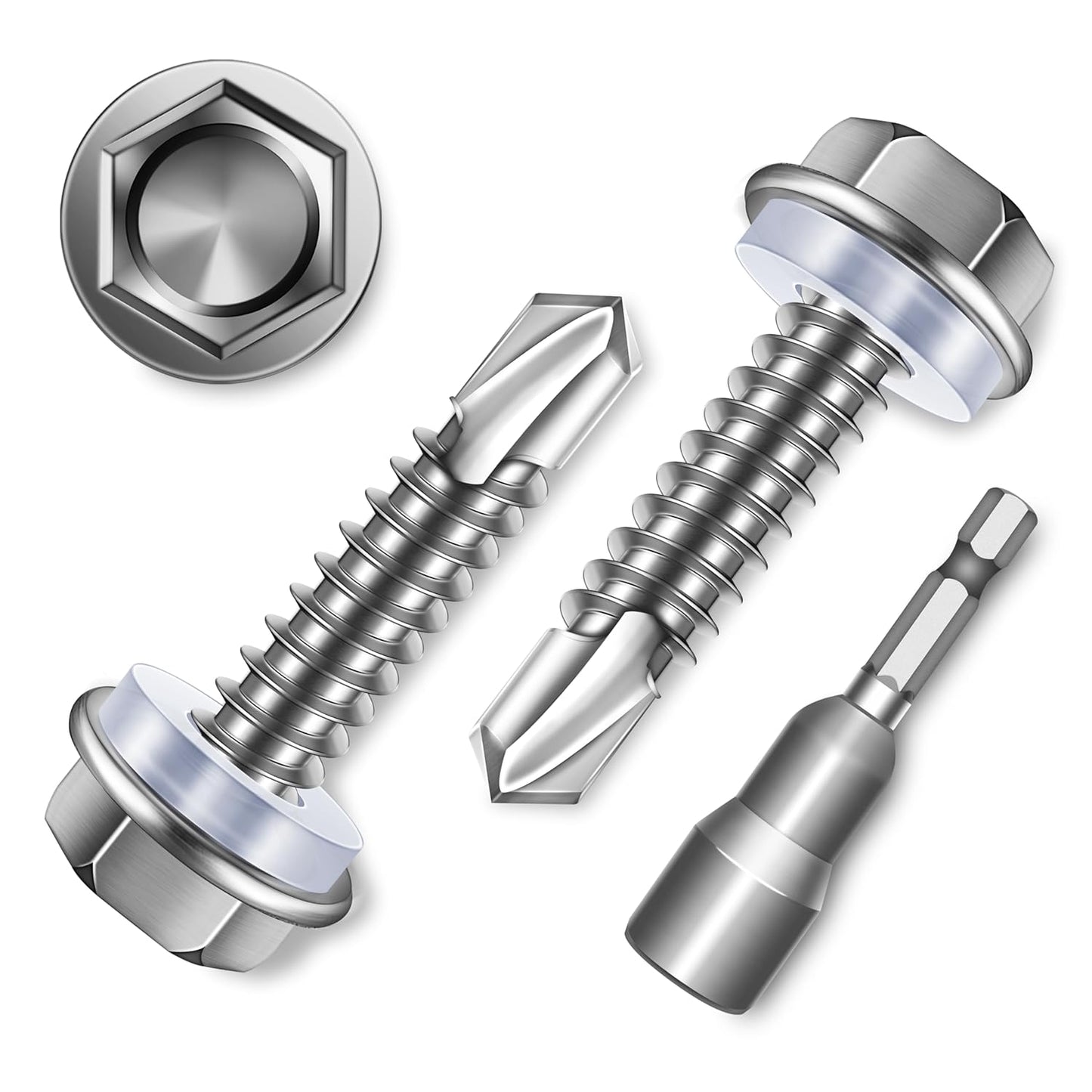 EASTPUK 100Pcs #8 x 1/2" Sheet Metal Screws, 410 Stainless Steel Self Drilling Hex Washer Head Self Tapping Screws for Metal with Drill Bit
