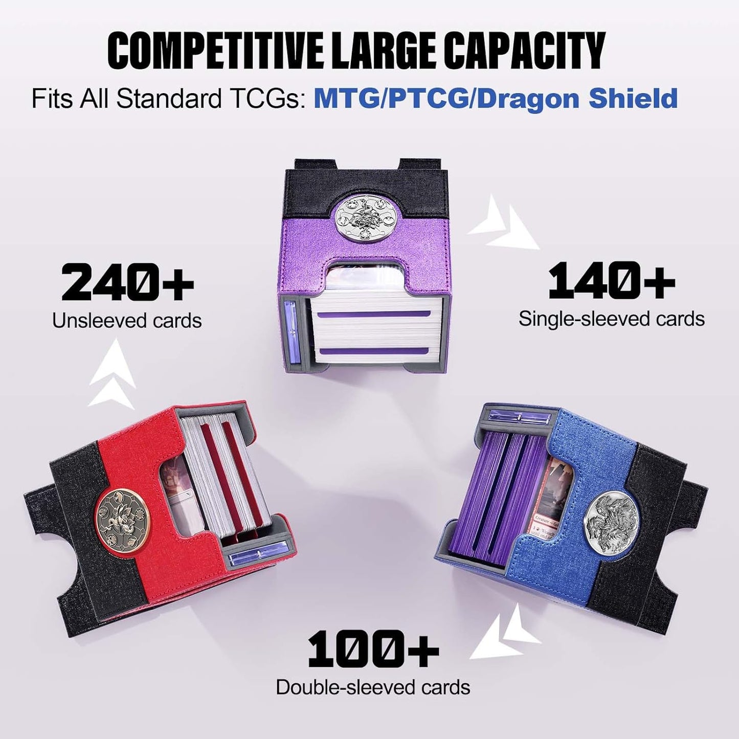 Kabinka Commander Deck Box for MTG with Metal Emblem, Card Deck Box with Dice Tray, Hold 100 Double-Sleeved Cards for TCG/PTCG, Cards Storage Case, 35PT Magnetic Card Holder (Black& Purple, Lotus)