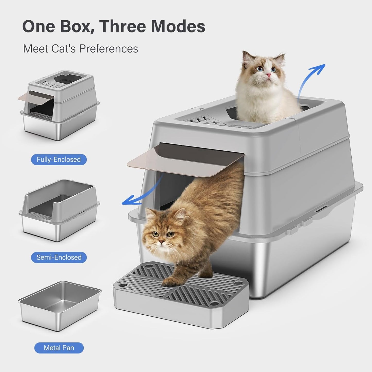 Stainless Steel Litter Box with Lid, XL Extra Large Enclosed Cat Litter Box for Big Cats 110° Flip Cover, Top Entry Metal High Sided Litter Box & Pedal & Scoop, Anti-Leakage (Grey)