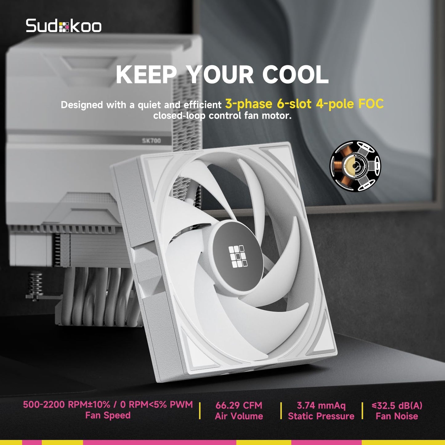 Sudokoo SK700 White AM5 CPU Cooler : 7 Heatpipes CPU Air Cooler for AM5 Exclusive - Single Tower PC Cooling with 120mm FDB PWM Quiet Fan & L-Rail Lock Mount