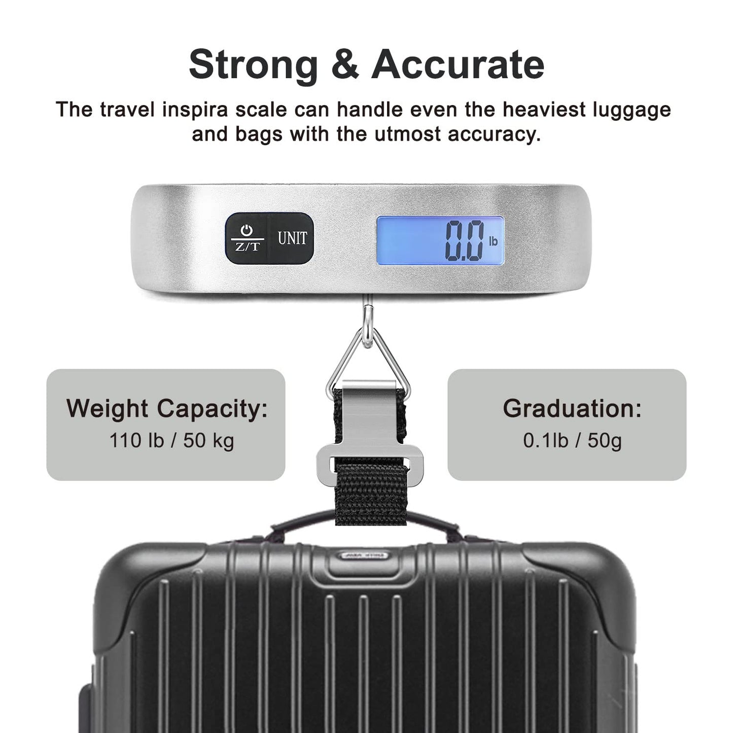 travel inspira Luggage Scale, Portable Digital Hanging Baggage Scale for Travel, Suitcase Weight Scale with Rubber Paint, 110 Pounds, Battery Included - Blue