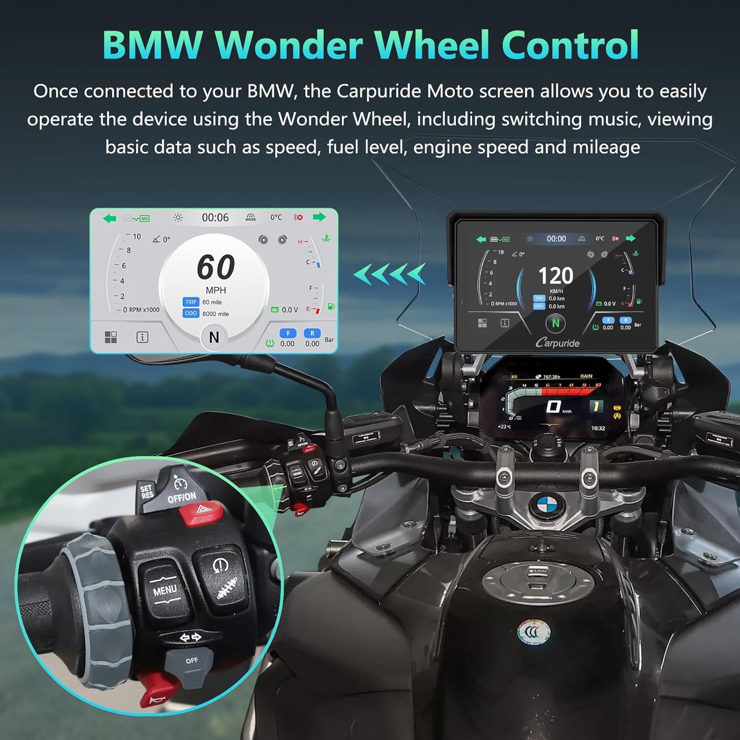 2025 CARPURIDE W702BS PRO for BMW Motorcycle CarPlay & Android Auto Dual Bluetooth, 7" Waterproof GPS Navigation Screen, Data Reading,Native Wonder, TPMS, Light Sensor, Music Sharing, Intercom, 16-Pin
