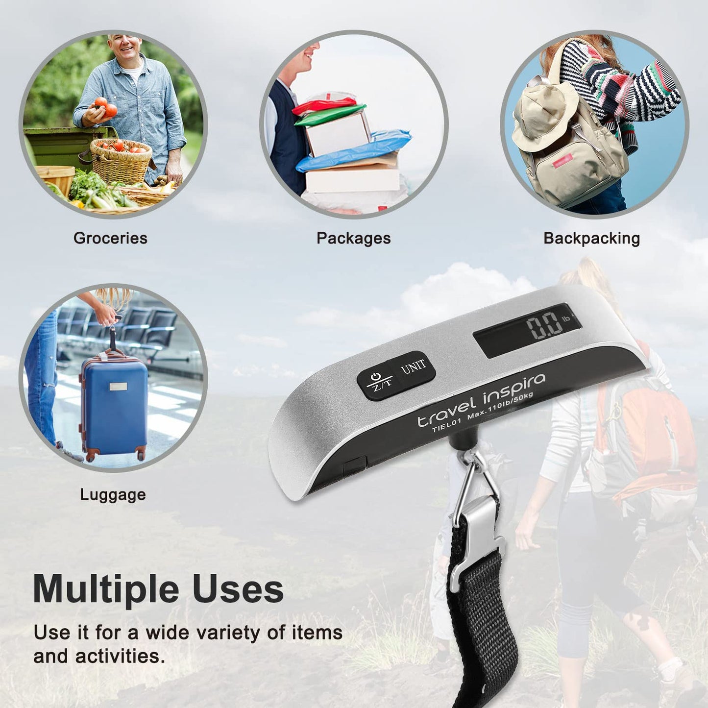 travel inspira Luggage Scale, Portable Digital Hanging Baggage Scale for Travel, Suitcase Weight Scale with Rubber Paint, 110 Pounds, Battery Included - Blue