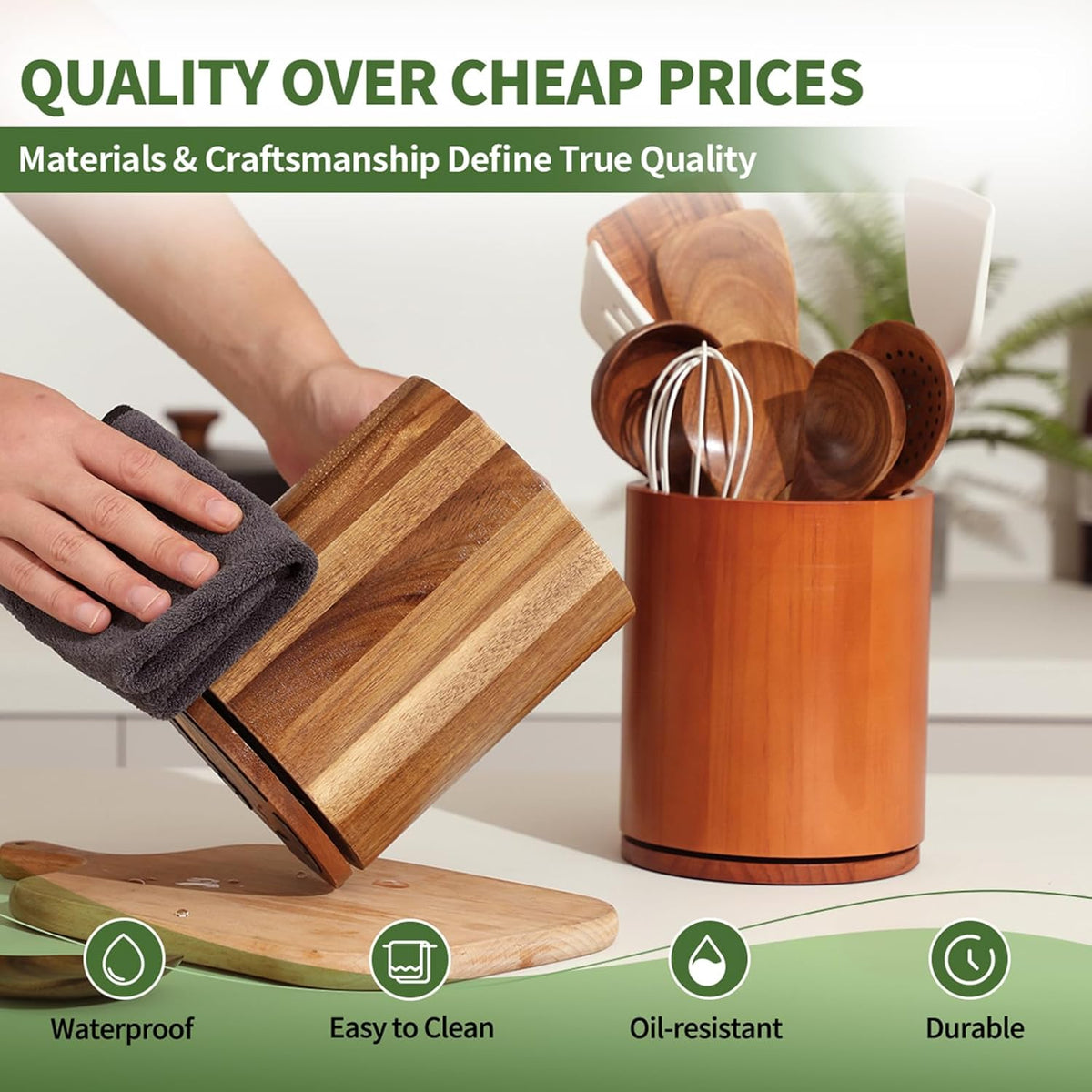 Wooden Utensil Holder | Rotating Utensil Organizer | Kitchen Counter Storage Crock | Farmhouse Countertop Decor | Cooking Utensil Stand - PuriLite