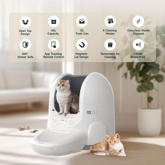 Amicura Automatic Cat Litter Box, Self Cleaning, 360-Degree Detection Smart Anti-Pinch, App Control, Odor-Proof, 65L Extra Large Open-top Cat Litter Box, Ultra Quiet Cat Toilet - PuriLite