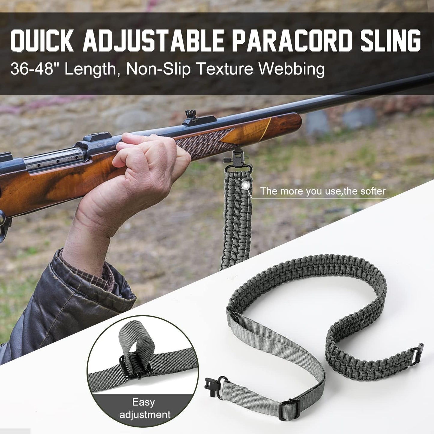 VVAAGG Two-Point Sling with Swivel, Non-Slip Paracord Sling with Adjustable Length Strap
