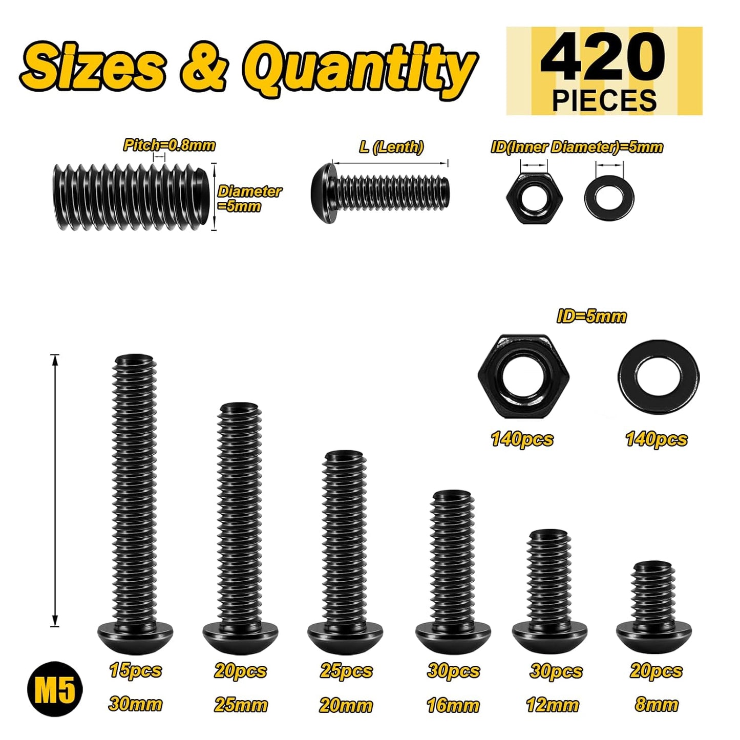 Mywish 900Pcs Metric Screw Assortment, M3 M4 M5 M6 Screw Assortment Kit 304 Stainless Steel Hex Socket Button Head Socket Cap Metric Screws Bolts & Flat Washers/Nuts/Hex Wrenches 16 Sizes 8MM to 20MM