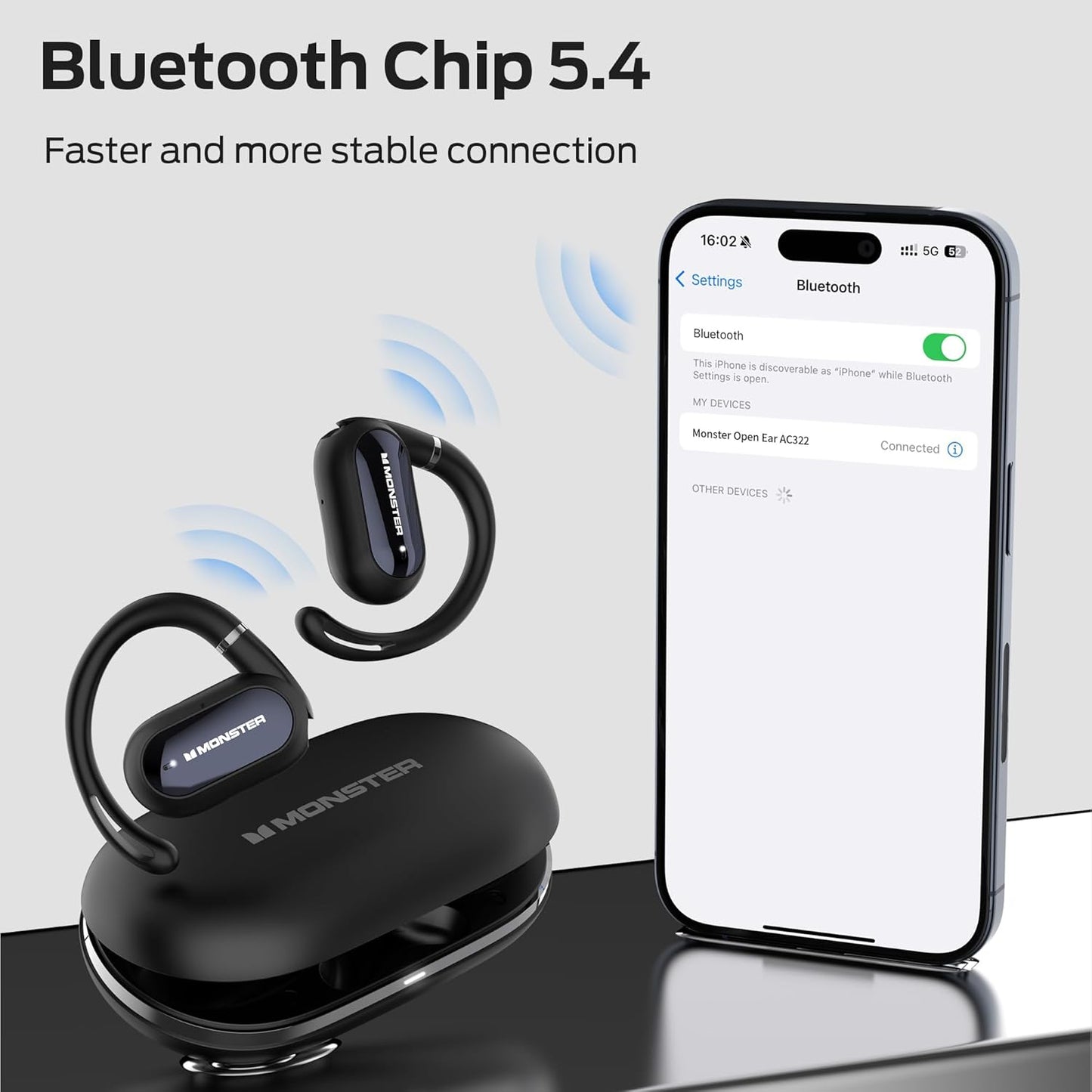Monster Open Ear AC322, Bluetooth 5.4 Headset, 36H Battery Life, IPX5 Waterproof, Clear Communication, Ergonomic Design, Ear Angle Adjustable, Not Easy to Fall Off Wireless Bluetooth Headset.