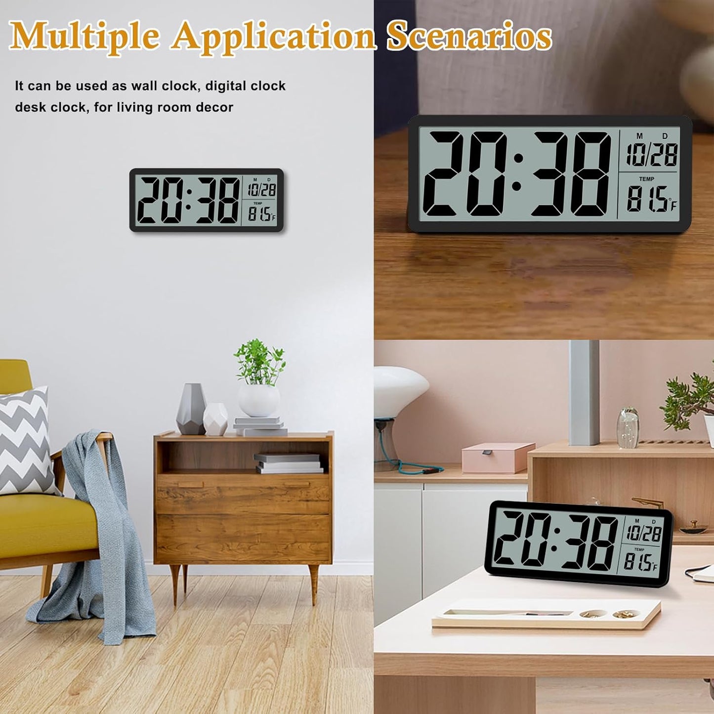QINYUNE Digital LCD Wall Clock Easy to Set, 8.5 Inch LCD Screen with Time/Date/Temperature Display,Simple Digital Desk Clock with 12/24H for Bedroom Living Room Office