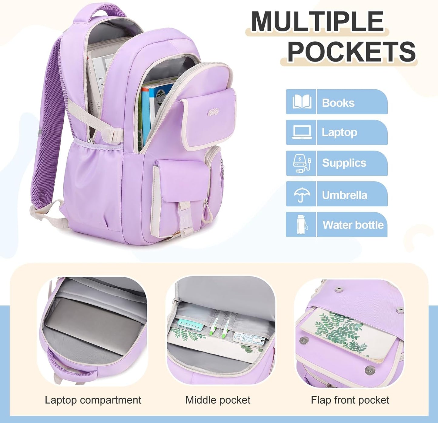 3PCS School Backpack for Girls with Lunch Box Pencil Pouch for Teen Girls Children Elementary Primary Middle High College Daypack School bag Bookbag Set Pink
