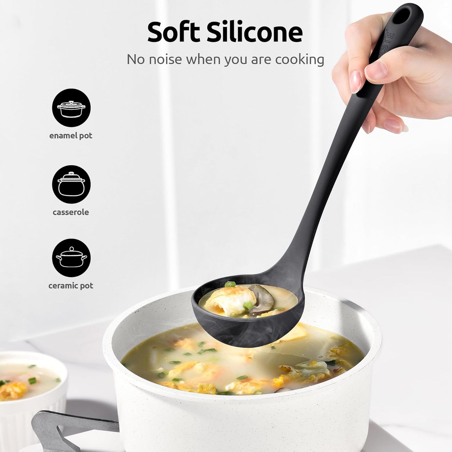13 inch Silicone Soup Ladle: U-Taste 600ºF Heat Resistant 4 oz Large Non-Stick Seamless Rubber Kitchen Deep Serving Spoon with Non-Slip Solid Long Handle for Cooking Sauce/Stews/Gravies/Chili(Purple)