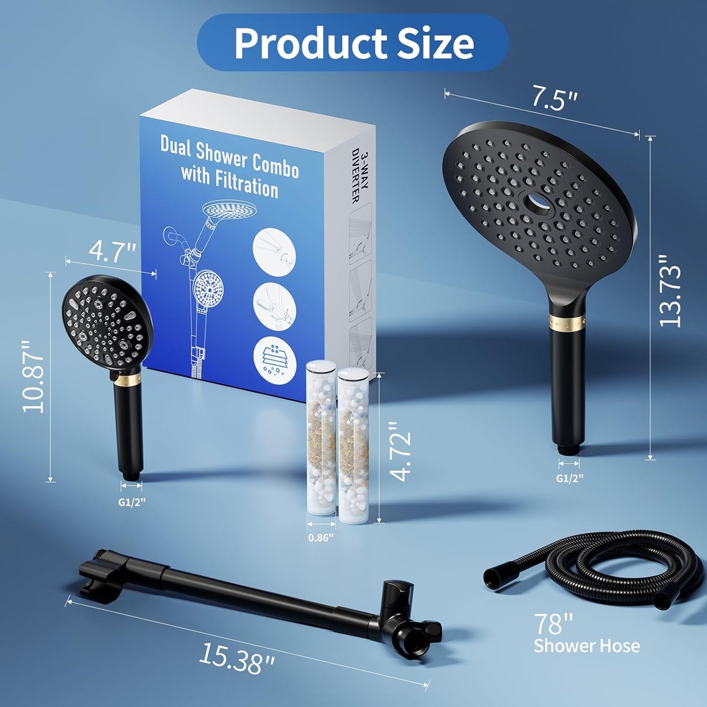 JONKEAN 7.5" Big Filtered Double Shower Head for Hard Water, Dual Shower Heads with Handheld Spray Combo, 9 Modes Waterfall Rain Shower Head High Pressure with Long Hose & Adjustable Bar(Matte Black)