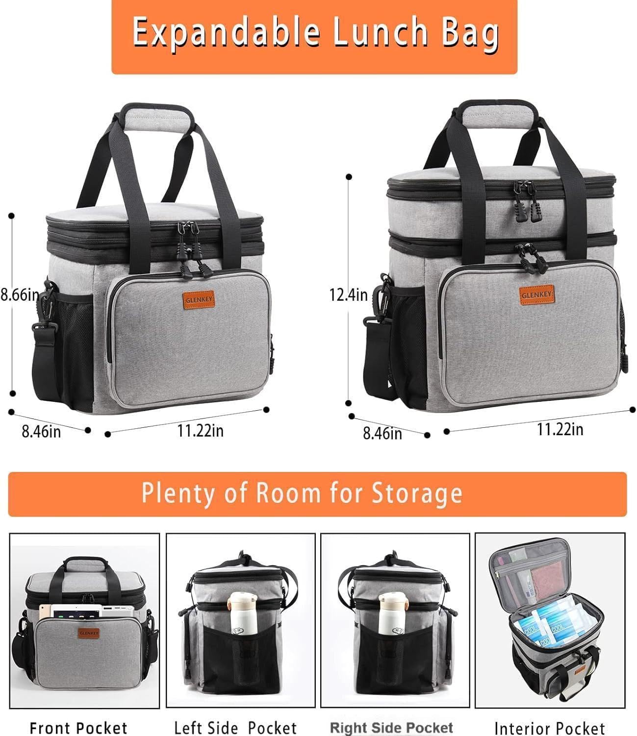 Expandable Large Lunch Bag, Double Deck Insulated Lunch Box Leakproof Durable Soft Cooler Bag for Men Women Adults Work Construction Beach Picnic Daytrip,16L,Black, GLENKEY