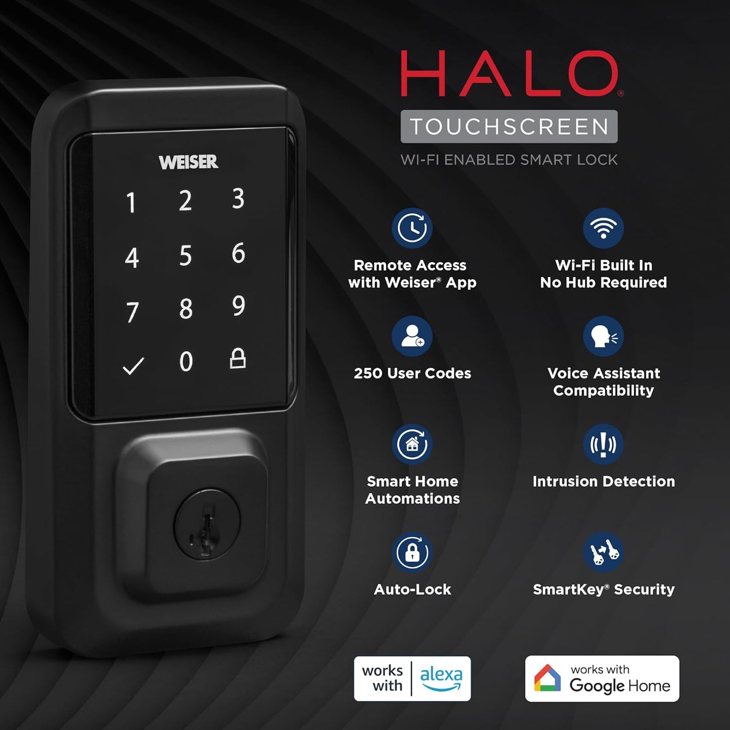 Weiser Halo Matte Black WiFi Smart Lock, Keyless Entry Door Lock, Touchscreen Keypad Door Lock, Amazon Alexa & Google Assistant/Google Home Compatible, Deadbolt Lock, Smart Locks for Entry Door