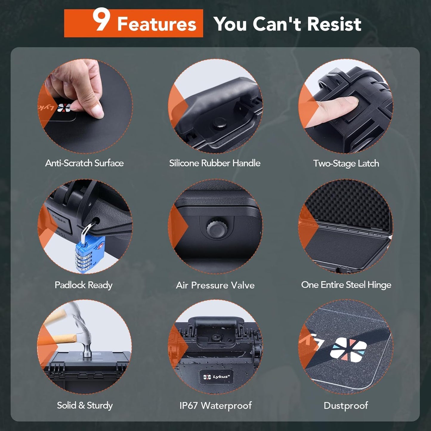 Lykus HC-3810 Waterproof Hard Case with Customizable Foam Insert, Interior Size 38x28x13.5cm, Suitable for Camera, Lens, Drone, mic, Flashlight, Telescope, Action cam, Electronics, Tools, and More