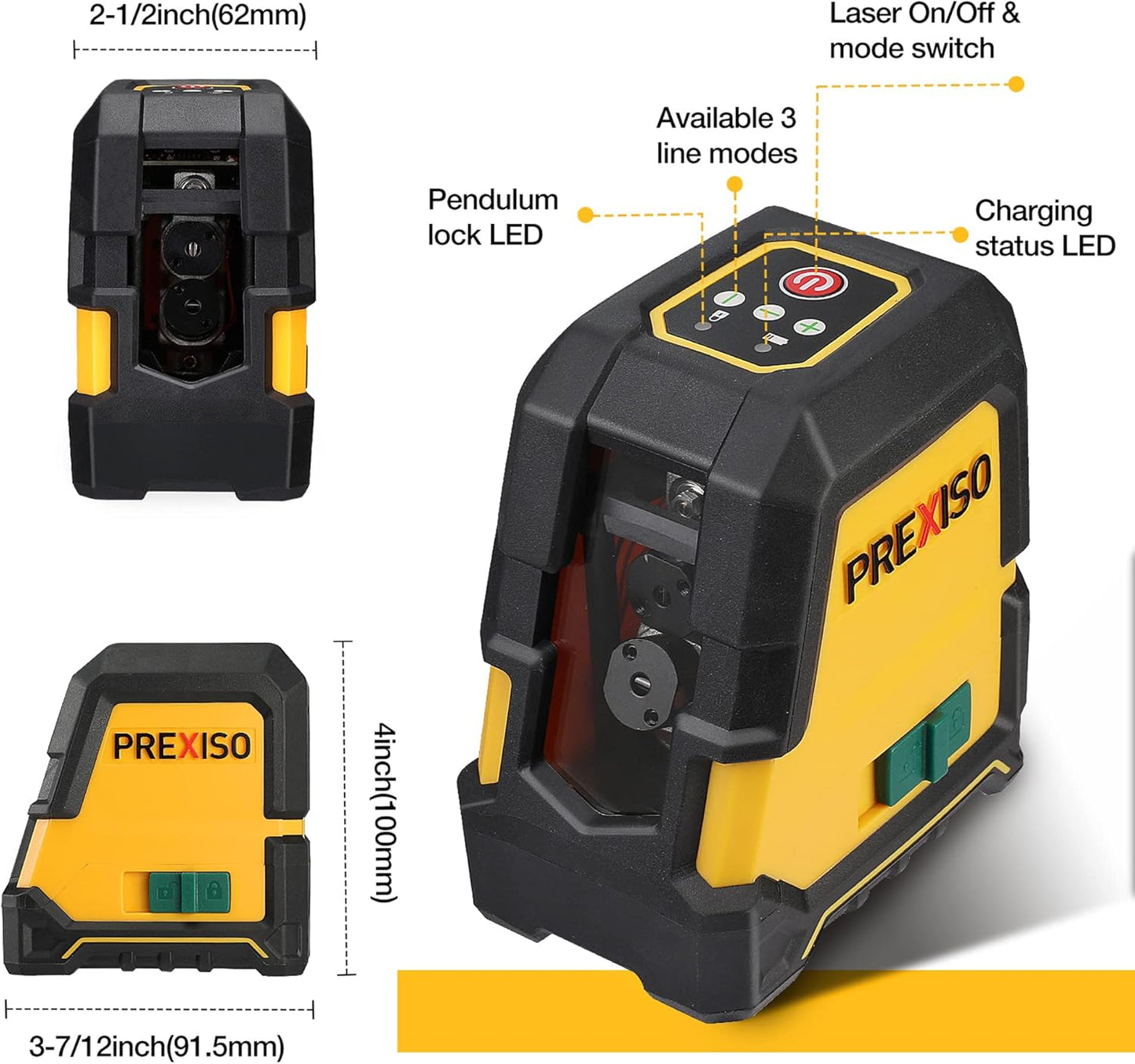 PREXISO Laser Level Self Leveling, 100 Ft Rechargeable & Selectable Green Cross Line Laser Level for Construction, Floor Tile, Home Renovation with Magnetic Pivoting Base, Target Plate & Portable Bag