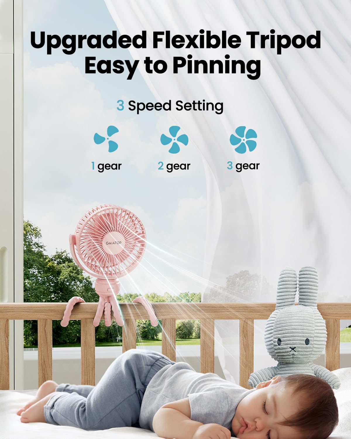 Gaiatop Mini Portable Pram Fan, Rechargeable Small Clip on Fan for Stroller, Detachable 3 Speed 360 Degree Rotate Flexible Tripod Handheld Desk Cooling Car Seat Crib Treadmill Travel Black