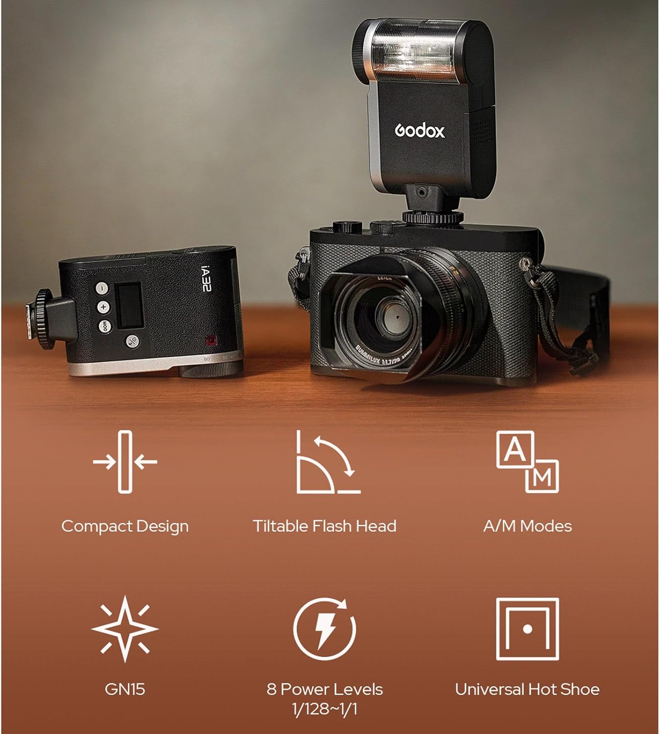 Godox IA32 Mini Camare Flash,Speedlite GN15 with 8 Levels Flash Power 1/128-1/1,S1/S2 Optical Control for Fuji,for Canon,for Nikon,for Sony, for Olympus
