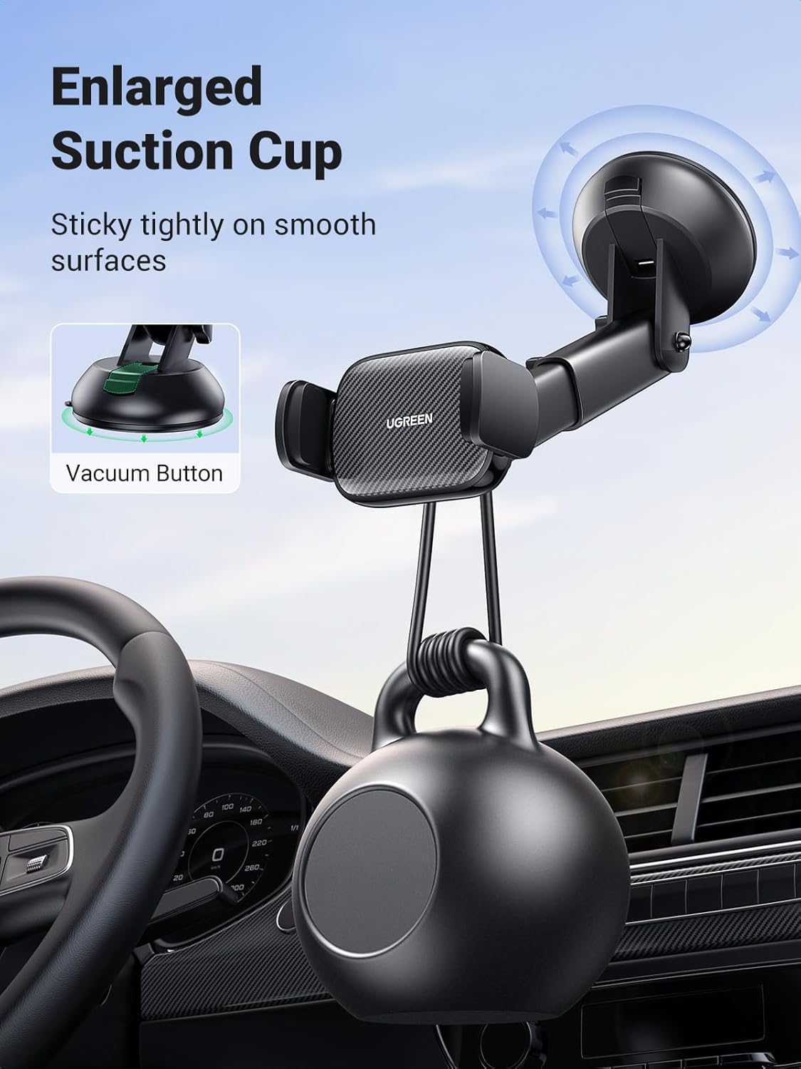 UGREEN Car Phone Holder Dashboard Windshield, Strong Suction Car Phone Mount 360 Degree Rotation Long Arm, Cell Phone Holder Car for iPhone 14 Pro Max 13 Pro Max 12 Pro Max, Galaxy S23 S22, Pixel 4 XL