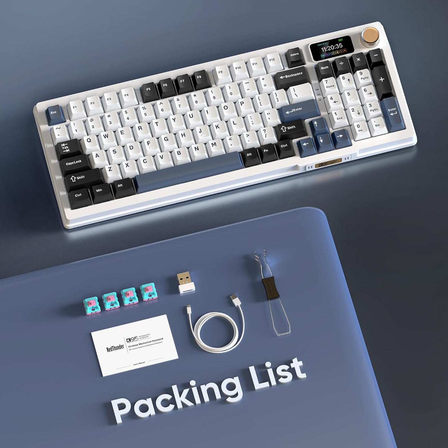 RedThunder K95 Wireless Mechanical Keyboard,TFT Screen & Knob, Tri-Mode BT5.0/2.4GHz/USB-C Hot Swappable Custom, Pre-lubed Linear Switches,Gasket Structure, RGB Gaming Keyboard for WIN/IOS, White-Blue