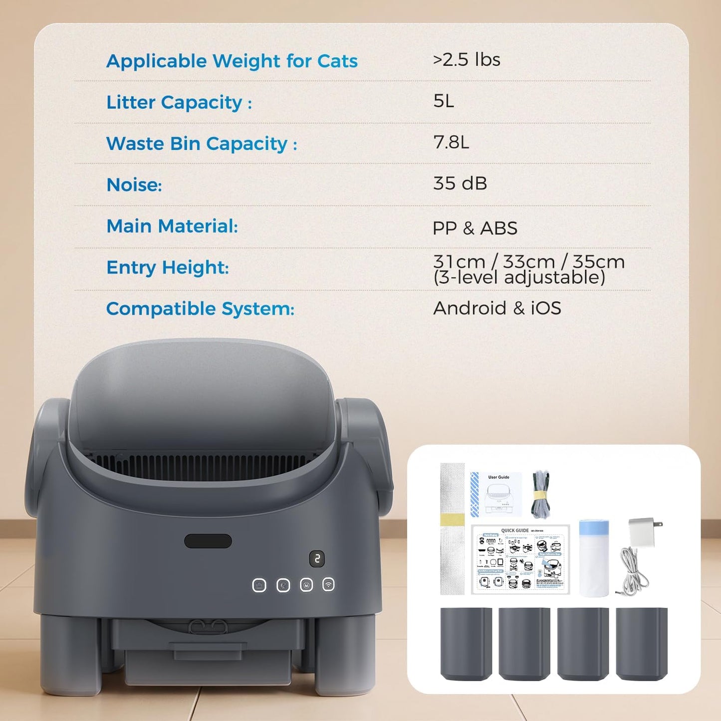 Open-Top Self-Cleaning Cat Litter Box, Automatic Cat Litter Box with APP Control, Odor-Free Waste Disposal Includes Trash Bags