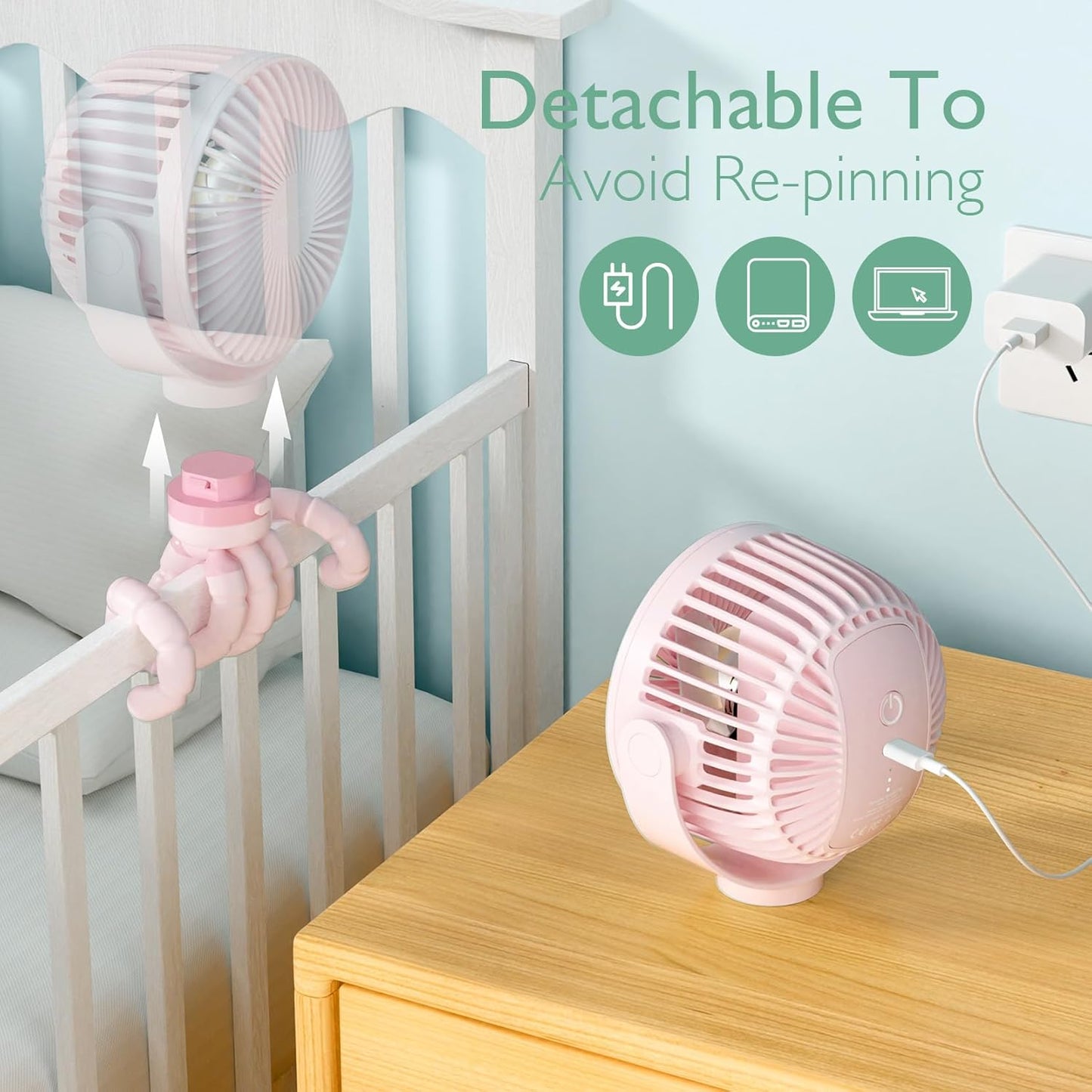 Momcozy Portable Stroller Fan, 27H Ultra-long Battery Life, Detachable 4 Speed 360°Rotate, LED Night Light with 2 Modes, USB Rechargeable and Handheld Cooling Fan for Travel, Car Seat