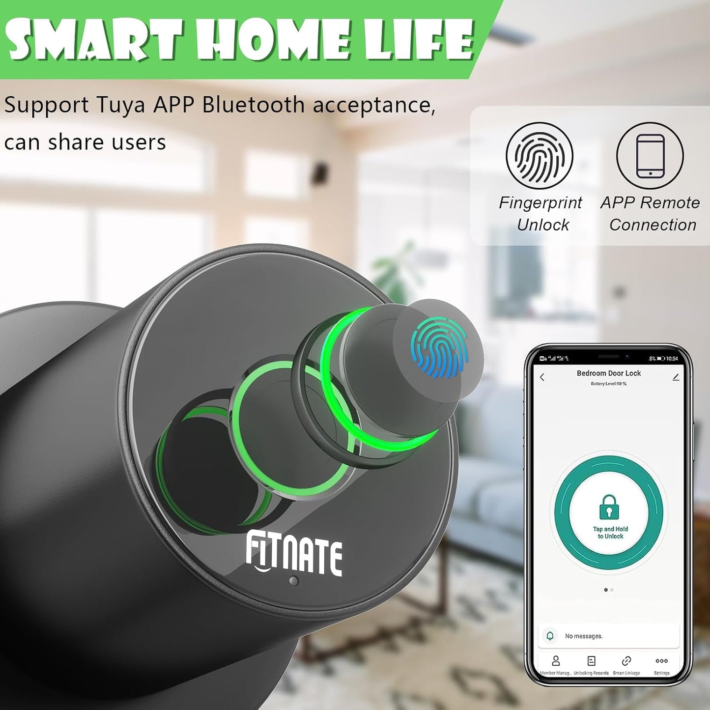 FITNATE Fingerprint Door Knob, Smart Biometric Door Lock with App Control, Keyless Entry Door Knob with Bluetooth Digital Code, Touch to Open Knob for Bedroom,Home,Hotel,Office, Black