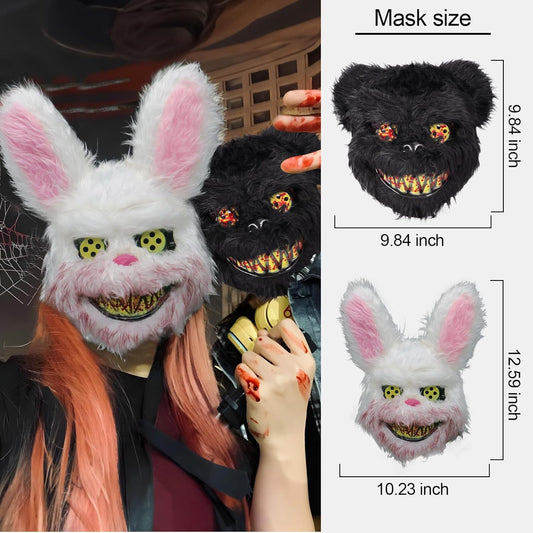 2Pcs Halloween Scary Mask Rabbit Bunny Brown Black Bear Mask Bloody Animal Mask,Halloween Cosplay Costume Props Party - PuriLite