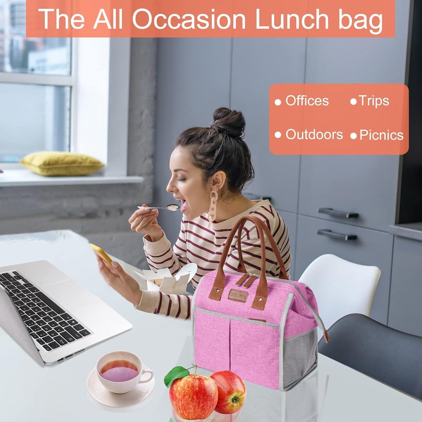 Lunch Bag for Women & Men, Insulated Lunch Box Cooler Tote Bags, Adult Reusable Lunch Boxes with Water Resistant for Work, Travel and Picnic (Grey)